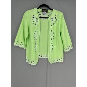 90s Vintage Linen Jacket Womens XS Lime Green Eyelet Boho Bohemian Beach Summer